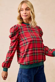 BiBi Christmas Plaid Exaggerated Shoulder Sleeves Top | Tops Daverri Fashions