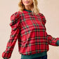 BiBi Christmas Plaid Exaggerated Shoulder Sleeves Top - DAVERRI FASHIONS
