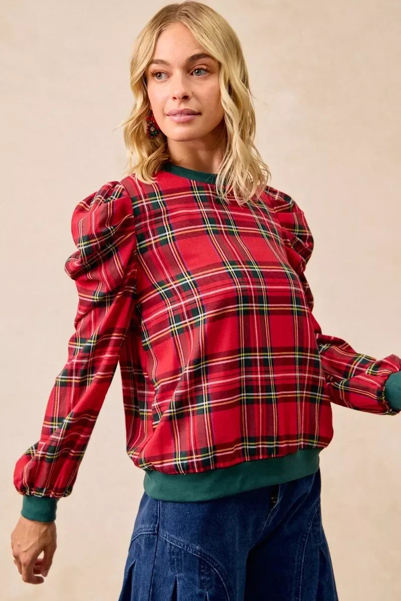 BiBi Christmas Plaid Exaggerated Shoulder Sleeves Top - DAVERRI FASHIONS