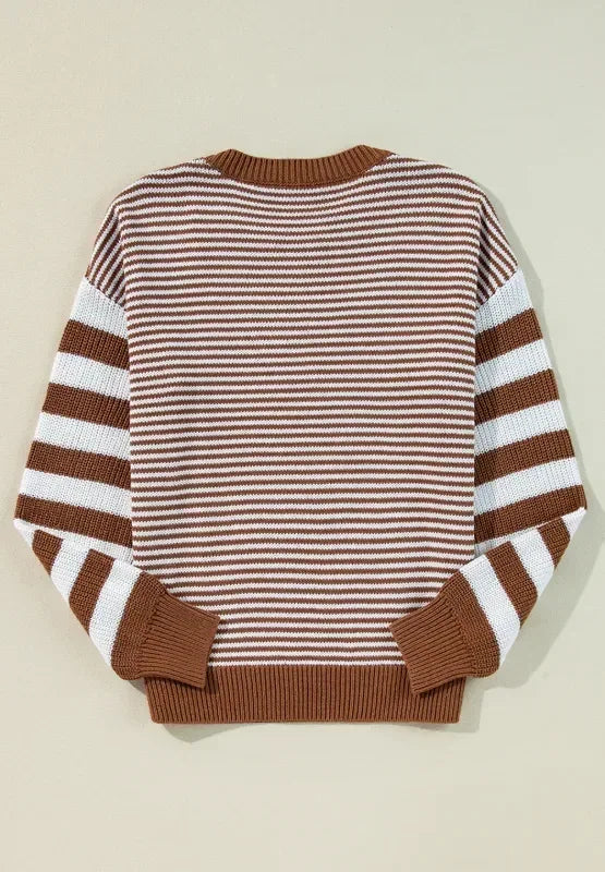 Striped Round Neck Dropped Shoulder Sweater - DAVERRI FASHIONS