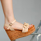Beige leather Emelda wedge sandal with cork sole and buckle strap