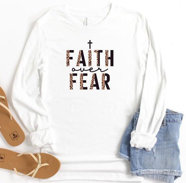 Faith Over Fear Leopard Long Sleeve Tee White Graphic Tees