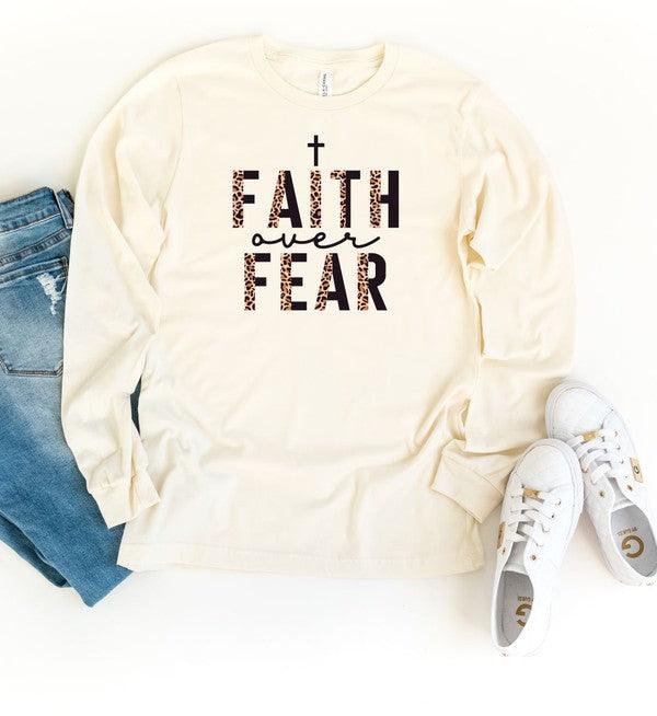 Faith Over Fear Leopard Long Sleeve Tee Cream Graphic Tees