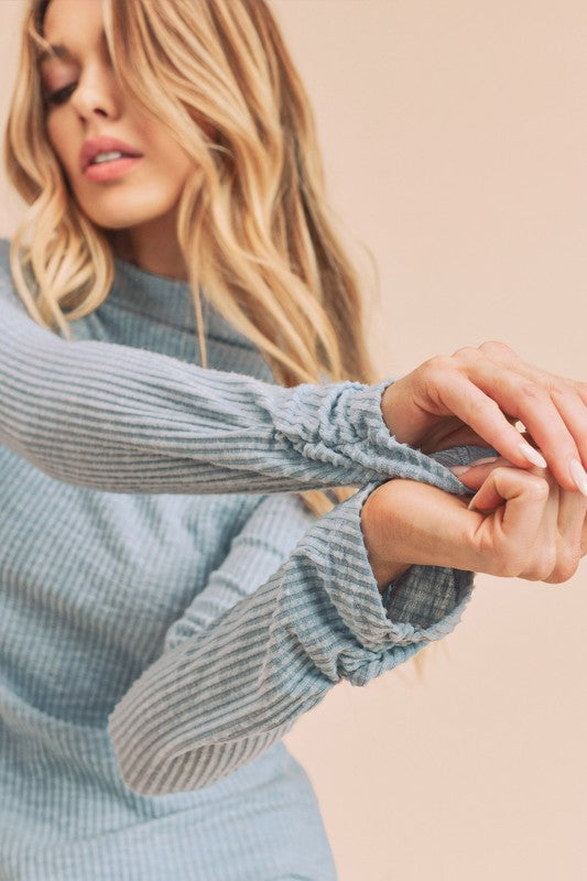 Aemi + Co light blue ribbed mock neck ruched sleeve sweater