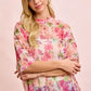 BiBi Floral Print Short Sleeves Boxy Mesh Top in sheer pink with pastel blossoms