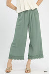 Umgee mint linen wide-leg cropped pants with lace trim