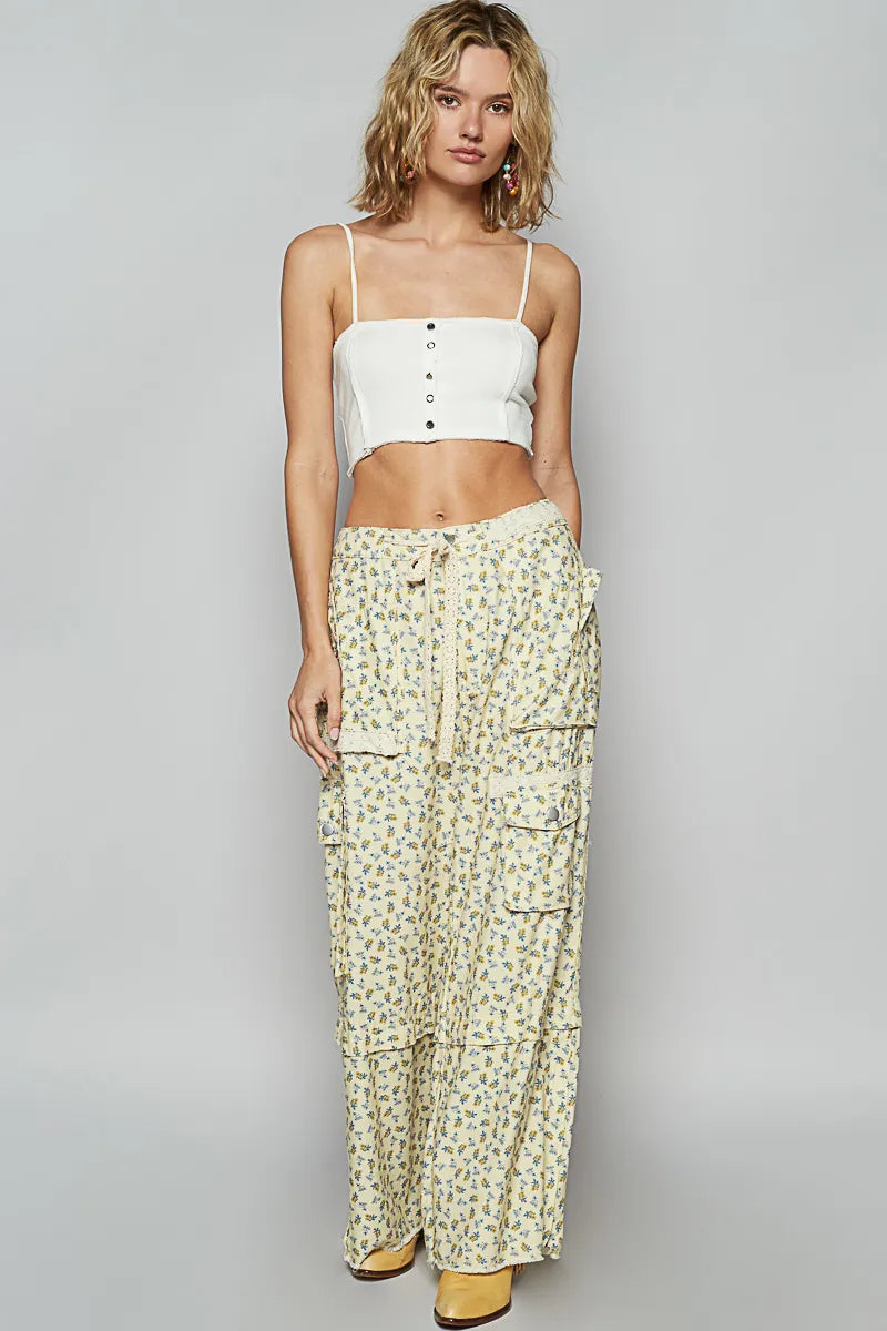 POL Floral Cargo Wide Leg Pants with Lace Drawstring Pants