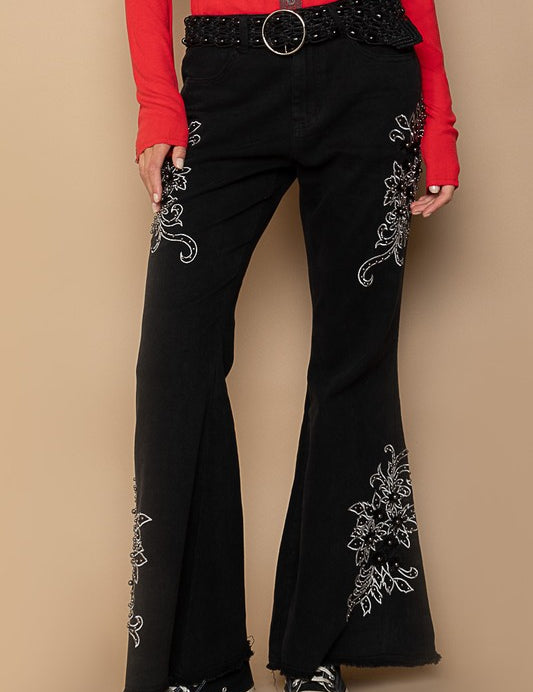 POL Raw Hem Embroidered Flare Pants