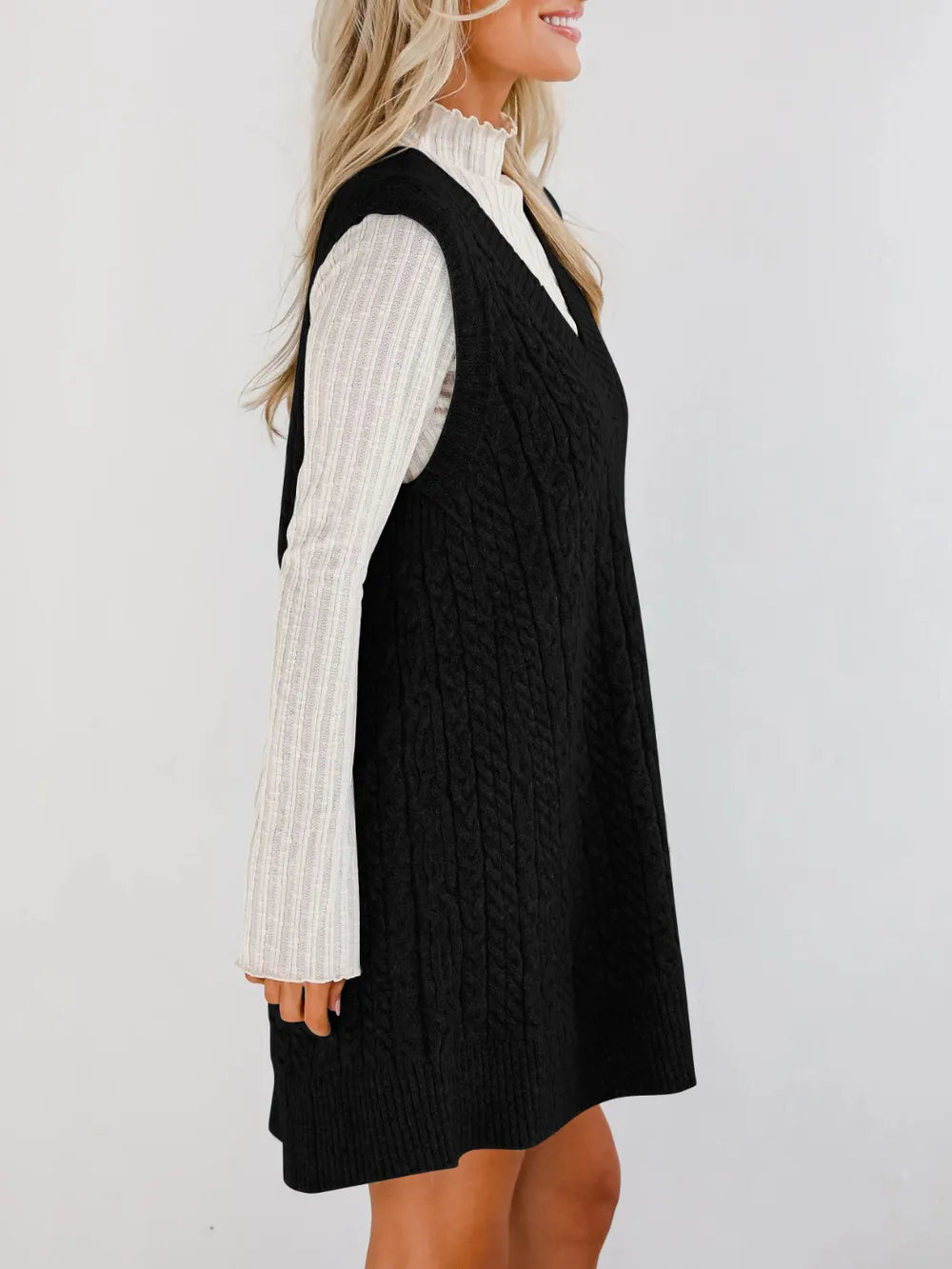 Lovelet Cable Knit V-Neck Mini Sweater Overall Dress | Mini Dresses Daverri Fashions