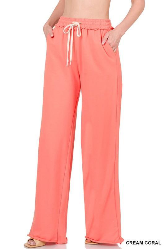 French Terry Drawstring Waist Raw Edge Hem Pants CREAM CORAL Pants