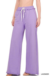 French Terry Drawstring Waist Raw Edge Hem Pants LAVENDER XL