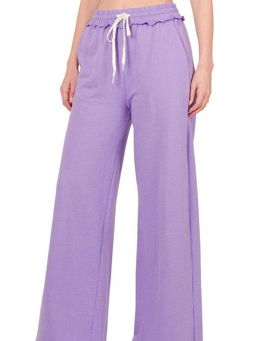 French Terry Drawstring Waist Raw Edge Hem Pants LAVENDER XL