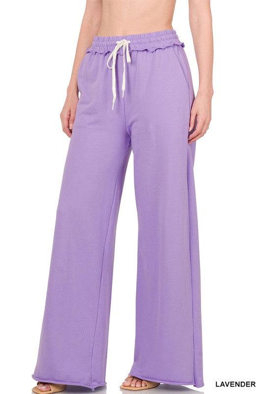 French Terry Drawstring Waist Raw Edge Hem Pants LAVENDER