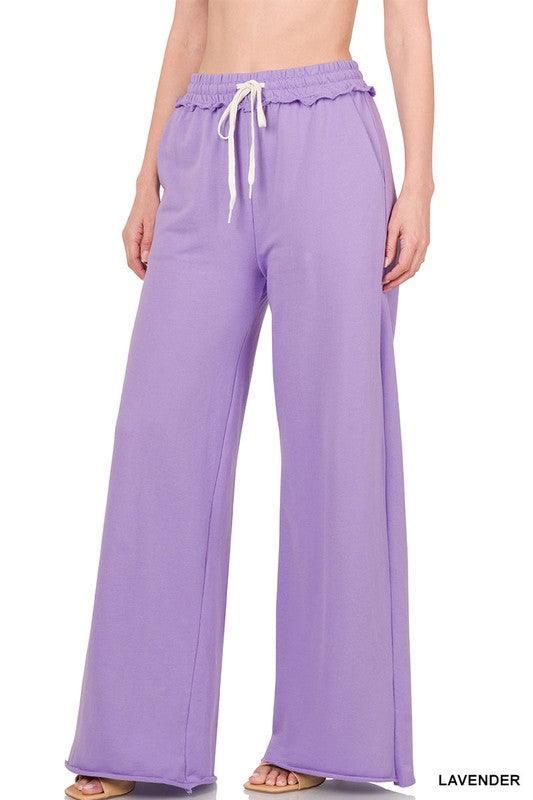 French Terry Drawstring Waist Raw Edge Hem Pants LAVENDER XL Pants