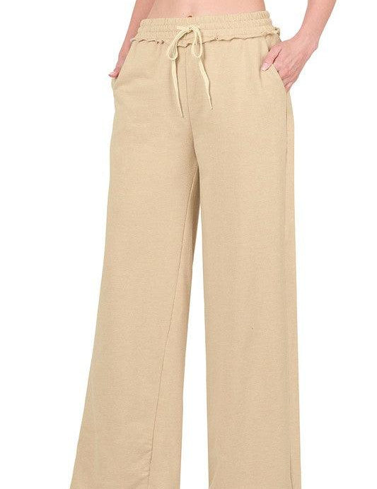 French Terry Drawstring Waist Raw Edge Hem Pants H BEIGE XL