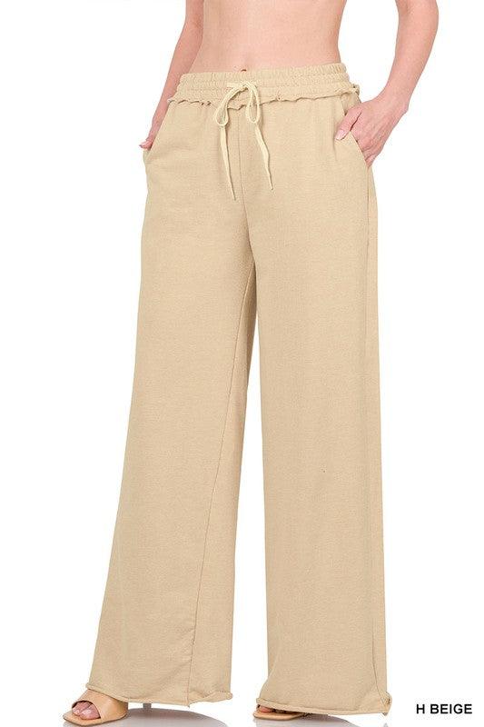 French Terry Drawstring Waist Raw Edge Hem Pants H BEIGE XL