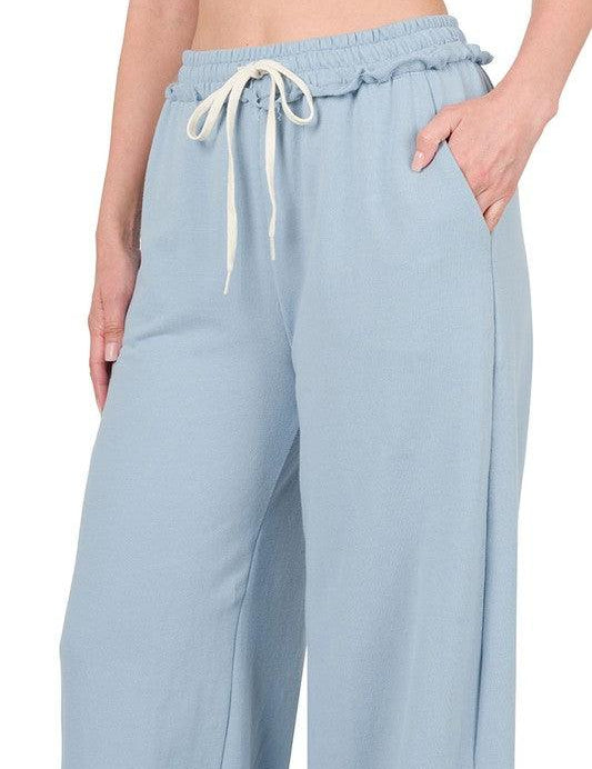 French Terry Drawstring Waist Raw Edge Hem Pants ASH BLUE XL