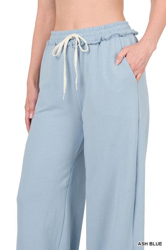 French Terry Drawstring Waist Raw Edge Hem Pants ASH BLUE XL