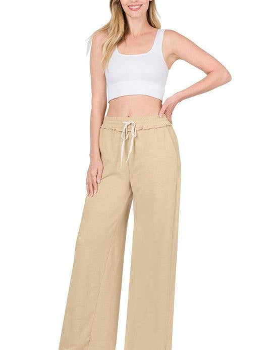 French Terry Drawstring Waist Raw Edge Hem Pants