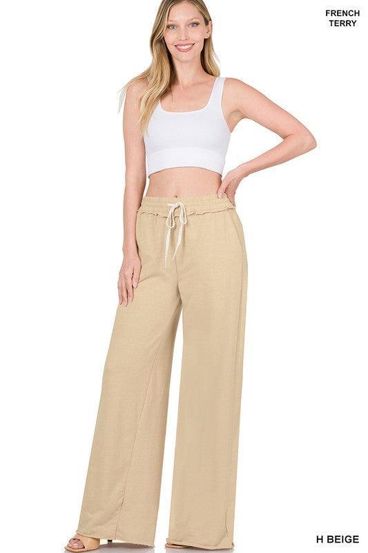 French Terry Drawstring Waist Raw Edge Hem Pants Pants
