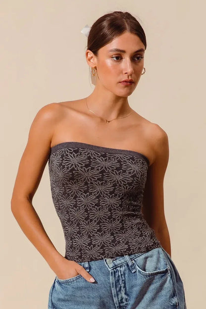 SO ME Jacquard Floral Two Tone Seamless Tube Top - DAVERRI FASHIONS