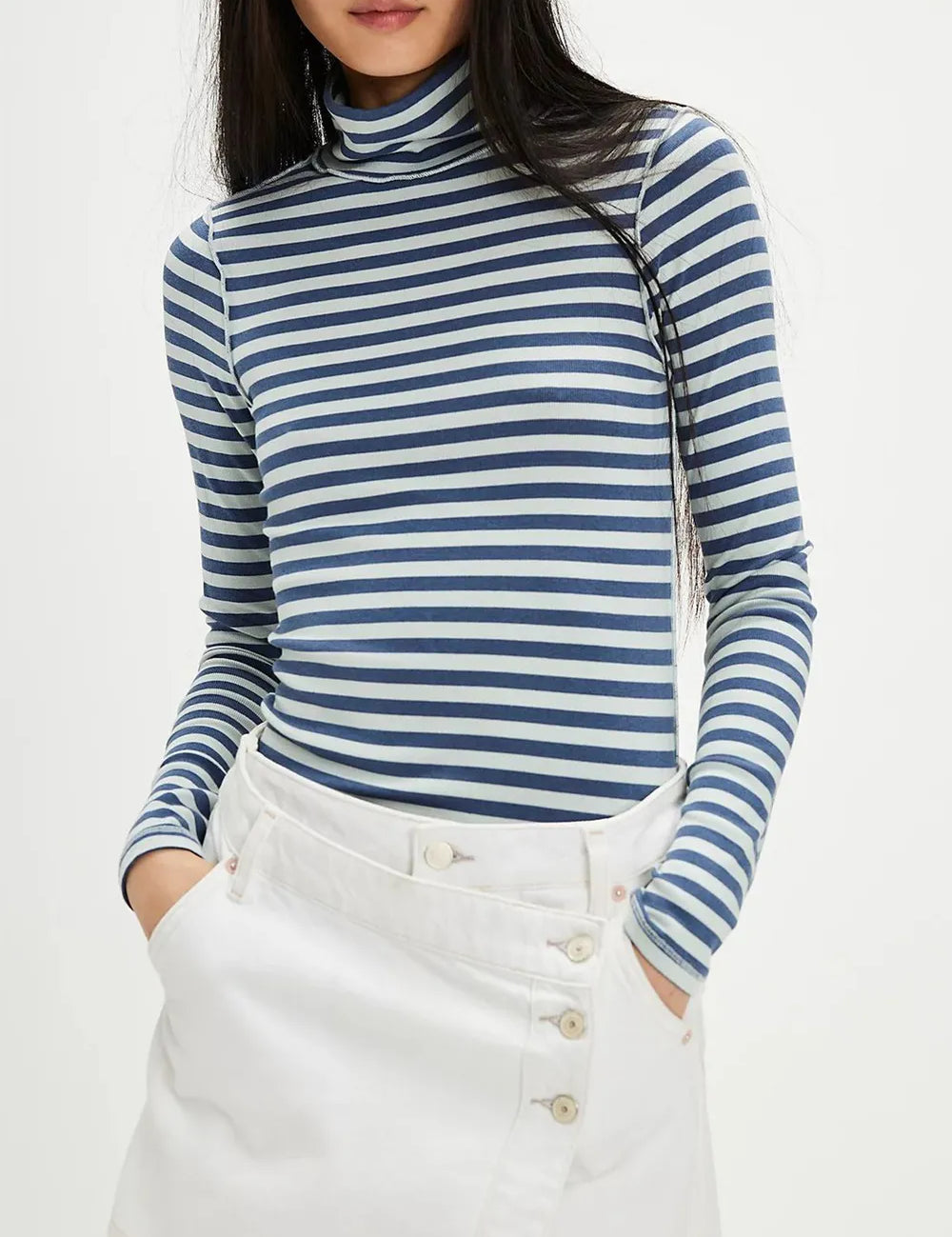 Blue white Exposed Seam Striped Turtleneck Long Sleeve T-Shirt | Tops Daverri Fashions