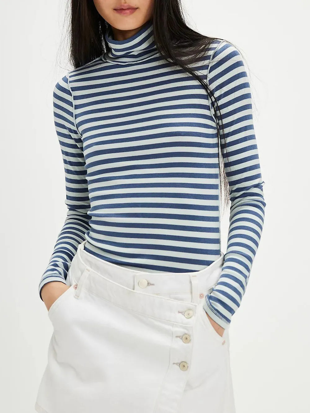 Blue white Exposed Seam Striped Turtleneck Long Sleeve T-Shirt | Tops Daverri Fashions