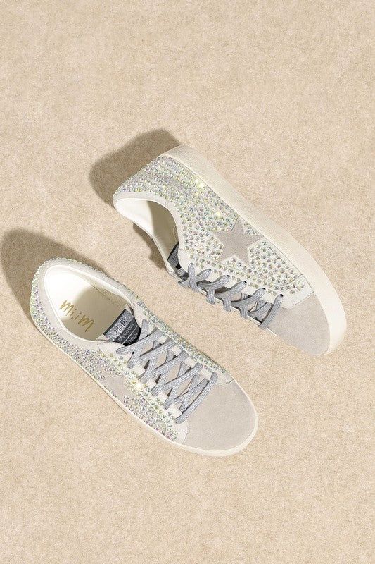 Glam rhinestone star sneakers in silver glitter with gray laces