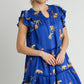 Umgee Cheetah Print Notched Ruffle Layered Cap Sleeve Mini Dress Royal Blue Mini Dresses