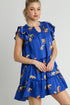 Umgee Cheetah Print Notched Ruffle Layered Cap Sleeve Mini Dress Royal Blue Mini Dresses