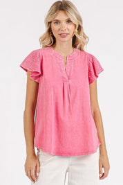 Mittoshop Mix Media Ruffle Short Sleeve Mineral Wash Top PINK BLOOM Tops