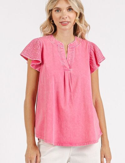 Mittoshop Mix Media Ruffle Short Sleeve Mineral Wash Top PINK BLOOM Tops