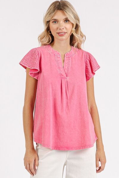 Mittoshop Mix Media Ruffle Short Sleeve Mineral Wash Top PINK BLOOM Tops