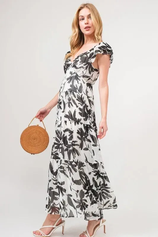 And The Why Ruffled Sleeve Tiered Floral Print Maxi Dress - DAVERRI FASHIONS
