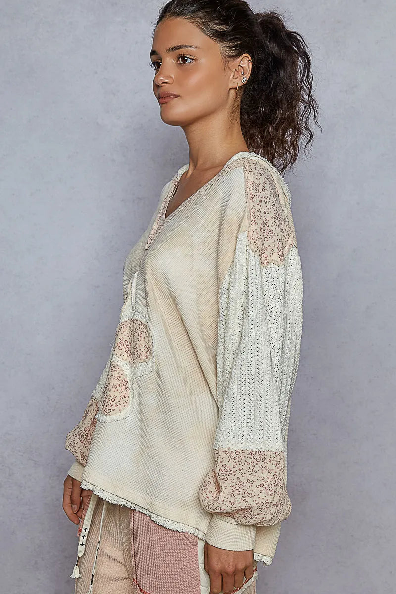 POL Raw Hem Washed Hoodie with Flower Patch Hoodies