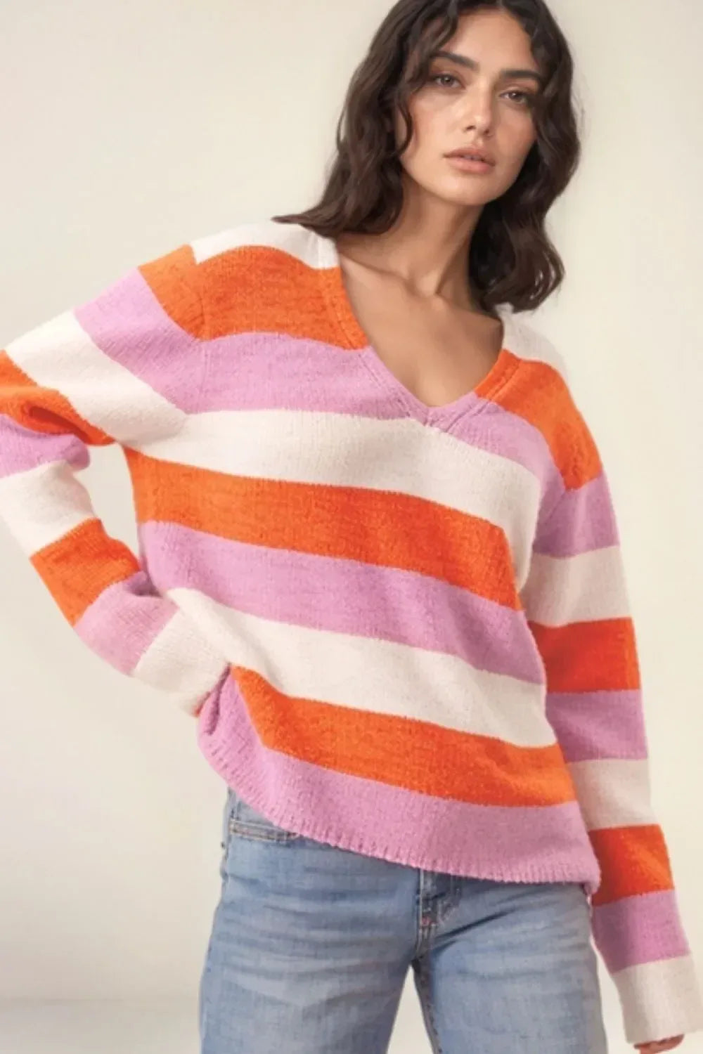 Color Block V-Neck Long Sleeve Sweater - DAVERRI FASHIONS