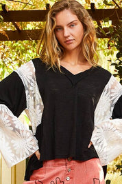 POL Lace Detail V-Neck Flare Sleeve Blouse Black