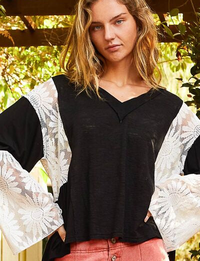 POL Lace Detail V-Neck Flare Sleeve Blouse Black