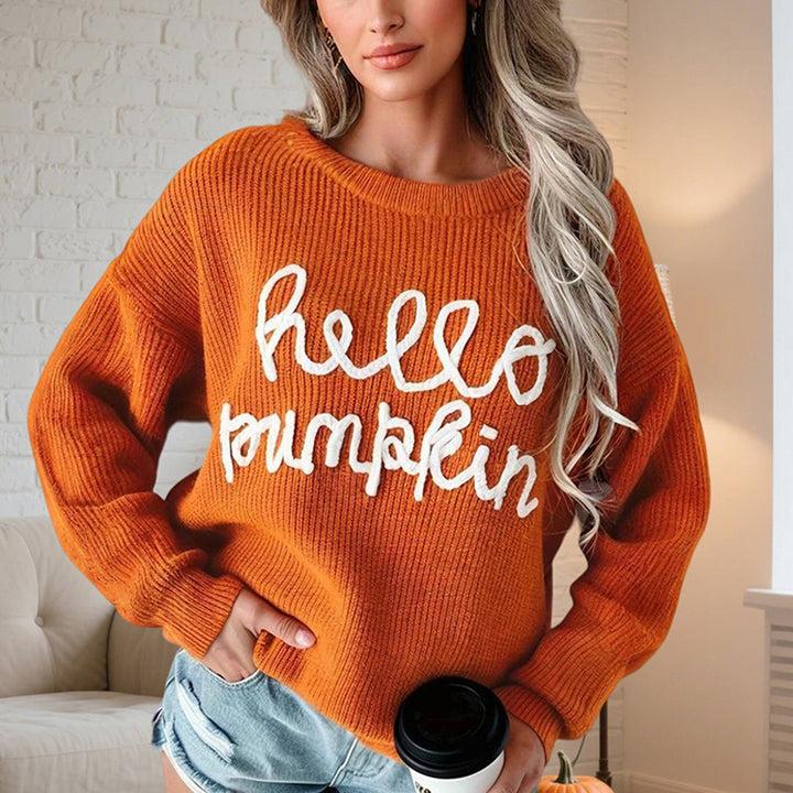 Hello Pumpkin Round Neck Long Sleeve Sweater | Sweaters Daverri Fashions