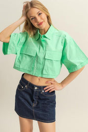 Neon Green HYFVE Front Pockets Poplin Collared Neck Crop Shirt | Shirts Daverri Fashions