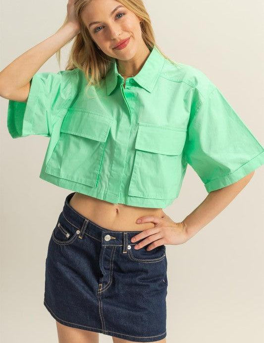 Neon Green HYFVE Front Pockets Poplin Collared Neck Crop Shirt | Shirts Daverri Fashions