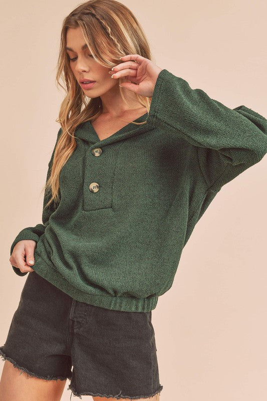 Cozy dark green textured knit Aemi + Co button front hoodie