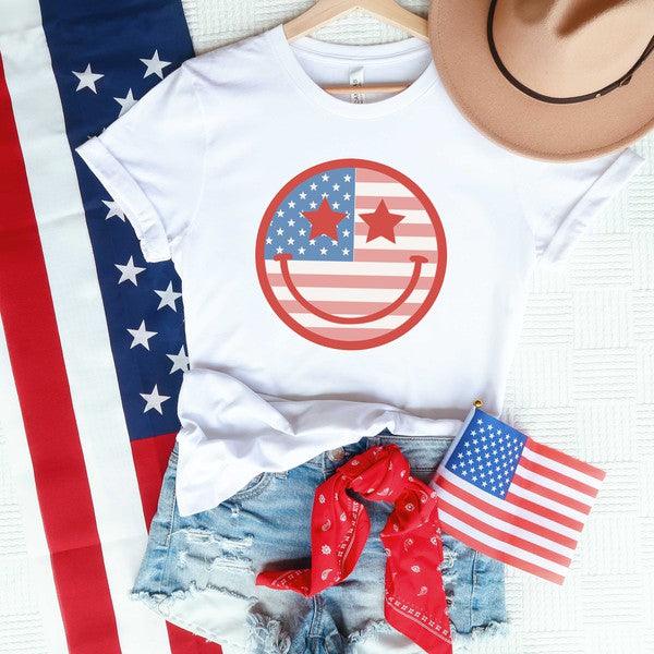 Flag Smiley Face Short Sleeve Graphic Tee White Patriotic Clothing