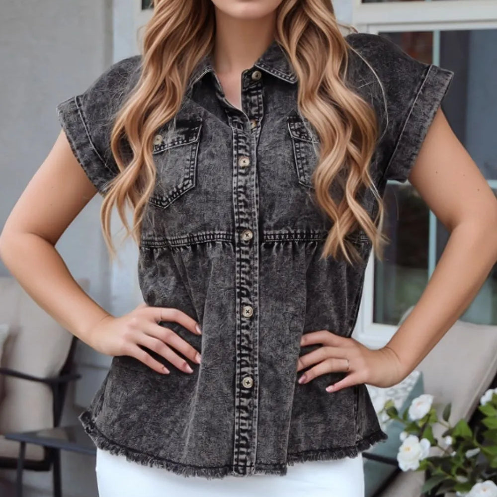 Black Short Sleeve Flap Pocket Button Up Raw Hem Denim Shirt | Shirts Daverri Fashions