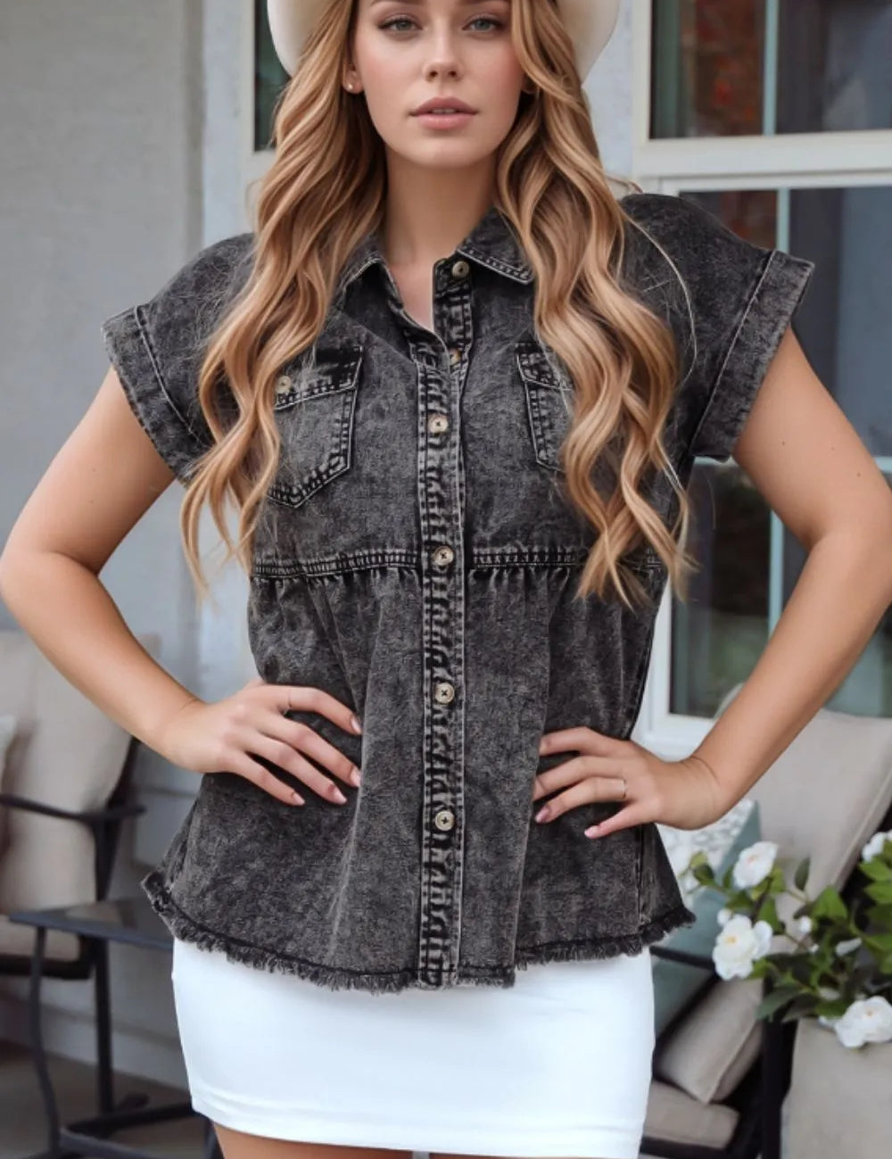 Black Short Sleeve Flap Pocket Button Up Raw Hem Denim Shirt | Shirts Daverri Fashions
