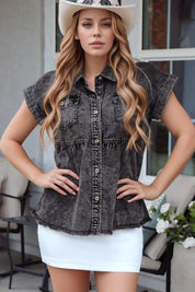 Black Short Sleeve Flap Pocket Button Up Raw Hem Denim Shirt | Shirts Daverri Fashions