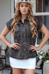 Short Sleeve Flap Pocket Button Up Raw Hem Denim Shirt - DAVERRI FASHIONS