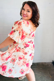 Peach Floral Chiffon Puff Sleeve Dress | Daverri Fashions