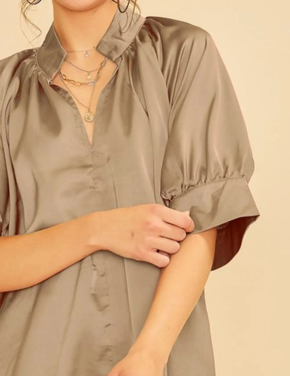 Annie Wear Satin V Neck Open Short Sleeve Woven Blouse Top | Tops Daverri Fashions