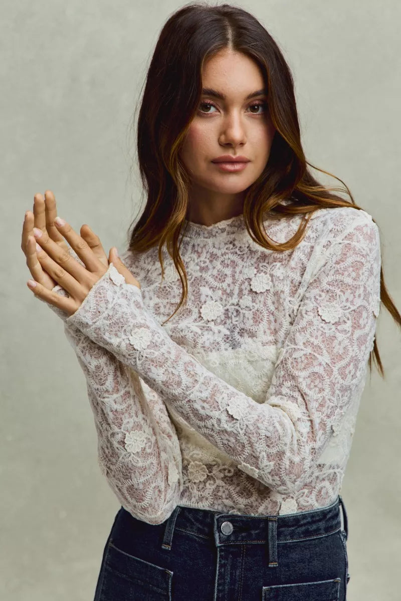 Delicate ivory SO ME lace long-sleeve top with 3D floral embroidery